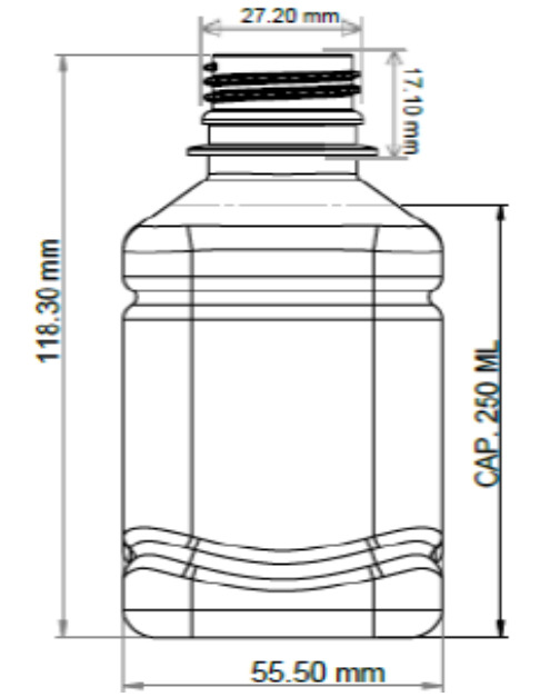 Plano con medidas de la botella PET 250 ml PCO28 Cuadrada