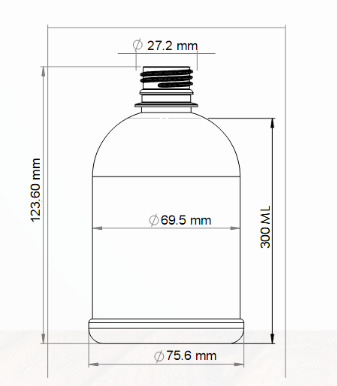 Plano con medidas de la botella PET 300 ml PCO28 Tipo campana