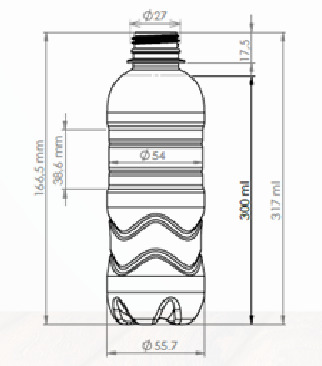 Plano o esquema con medidas de la botella PET 300 ml natural PCO 28-1881