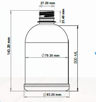 Plano o esquema con medidas de la botella PET de 500 ml - Tipo campana