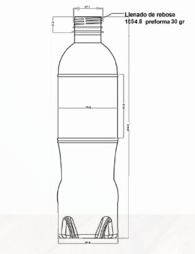 Plano o esquema con medidas de la botella PET de 1000 ml - Diseño cilíndrico
