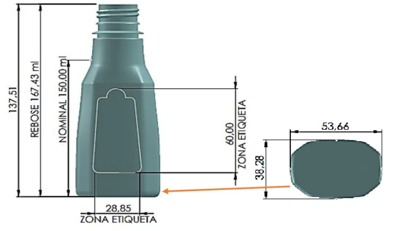 Plano o esquema con medidas de la botella PET 150 ml natural PCO 28-1816